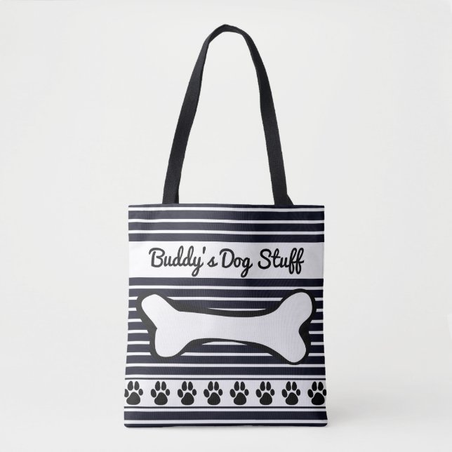 Black White Stripe Dog Toy Accessory Monogram Tote Bag (Front)