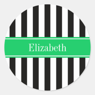 Black White Stripe Emerald Ribbon Name Monogram Classic Round Sticker