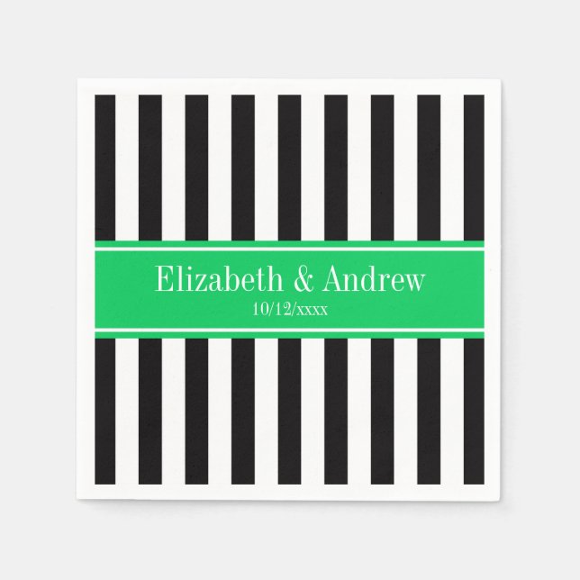 Black White Stripe Emerald Ribbon Name Monogram Napkin (Front)
