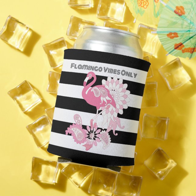 Black & White Stripe Flamingo Birthday Party Can Cooler (In Situ Summer)