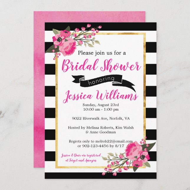 Black White Stripe Floral Bridal Shower Invitation (Front/Back)