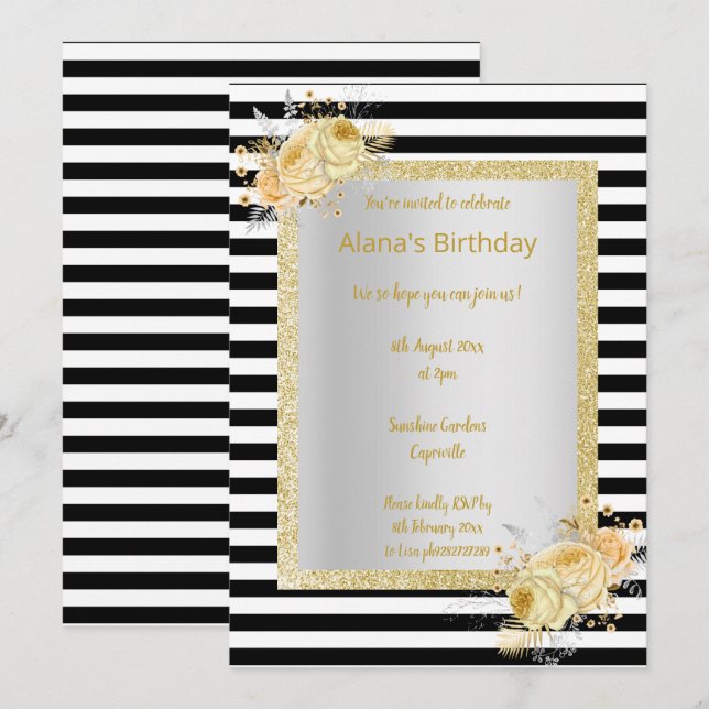 Black white stripe Gold bouquet birthday Invitation (Front/Back)
