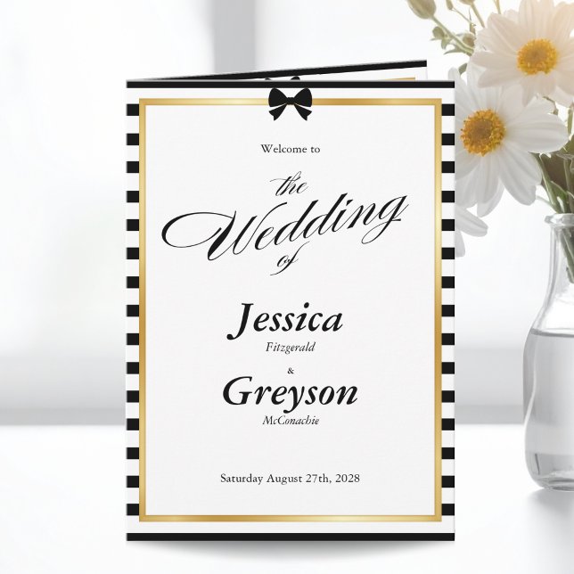 Black White Stripe Gold Frame Wedding Folded Program (Creator Uploaded)