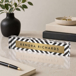 Black White Stripe Gold Minimalist Modern Nameplate