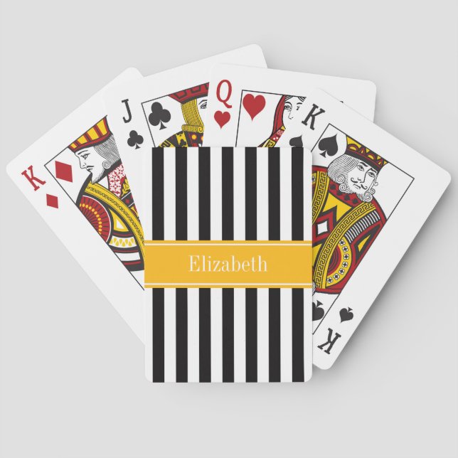 Black White Stripe Goldenrod Ribbon Name Monogram Playing Cards (Back)