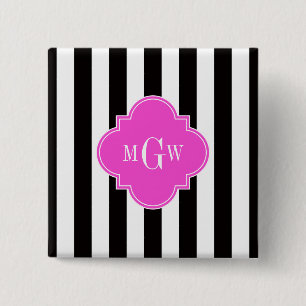 Black White Stripe Hot Pink Quatrefoil 3 Monogram 2 Inch Square Button