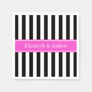 Black White Stripe Hot Pink Ribbon Name Monogram Napkin