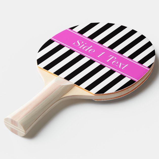 Black White Stripe Hot Pink Ribbon Name Monogram Ping Pong Paddle (Front Angle)