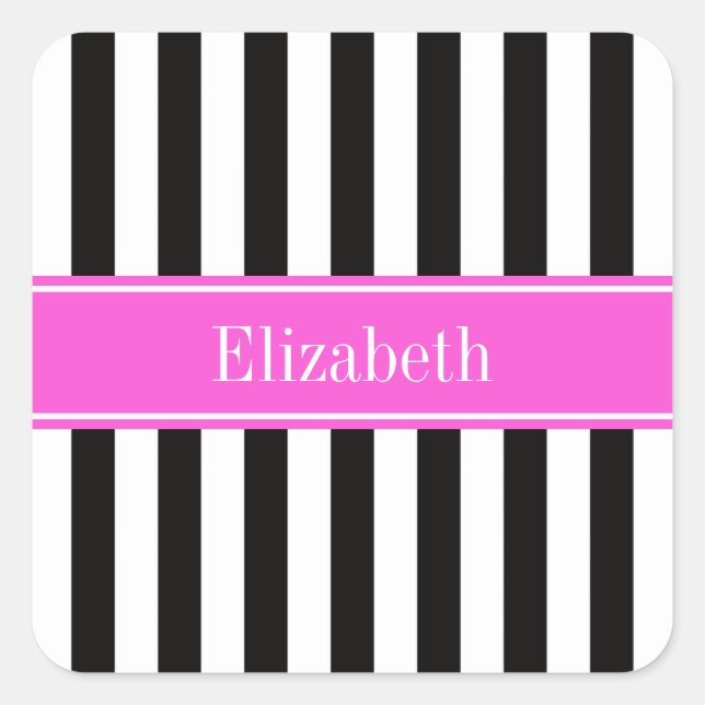 Black White Stripe Hot Pink Ribbon Name Monogram Square Sticker (Front)