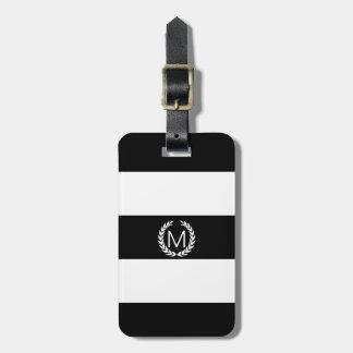 Black & White Stripe Laurel Wreath Monogram Luggage Tag