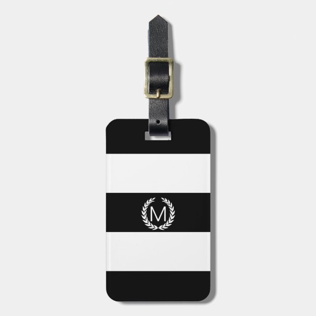 Black & White Stripe Laurel Wreath Monogram Luggage Tag (Front Vertical)