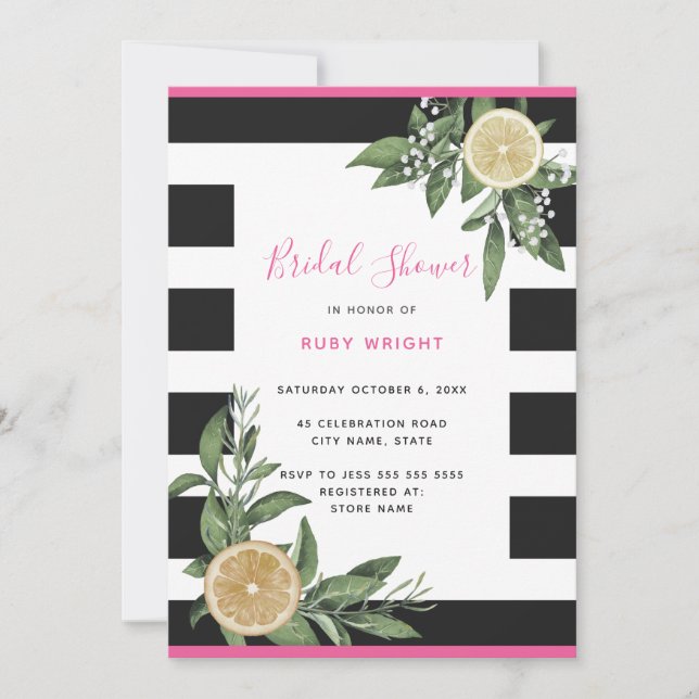 Black White Stripe Lemon Pink Bridal Shower Invitation (Front)