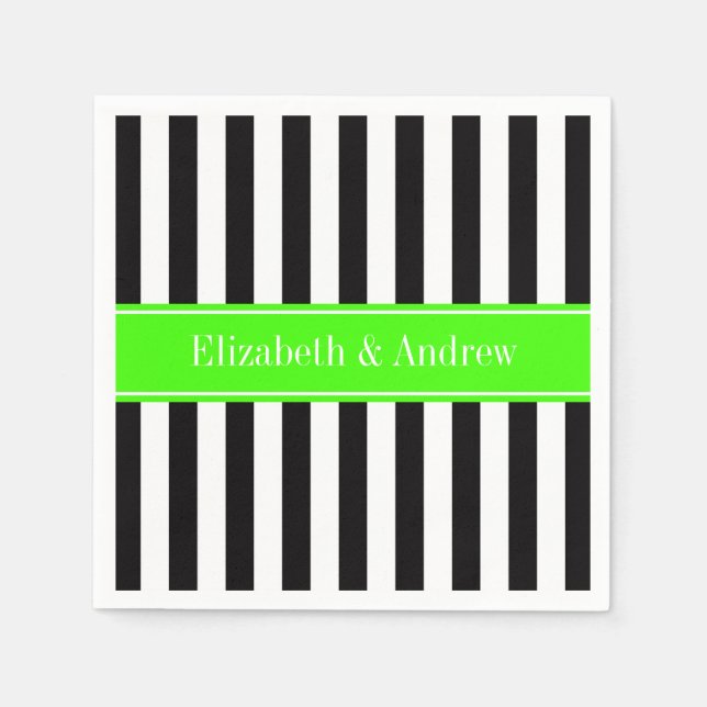 Black White Stripe Lime Ribbon Name Monogram Napkin (Front)