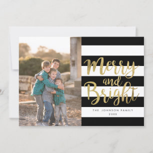 Black & White Stripe "Merry & Bright" Photo Xmas Holiday Card