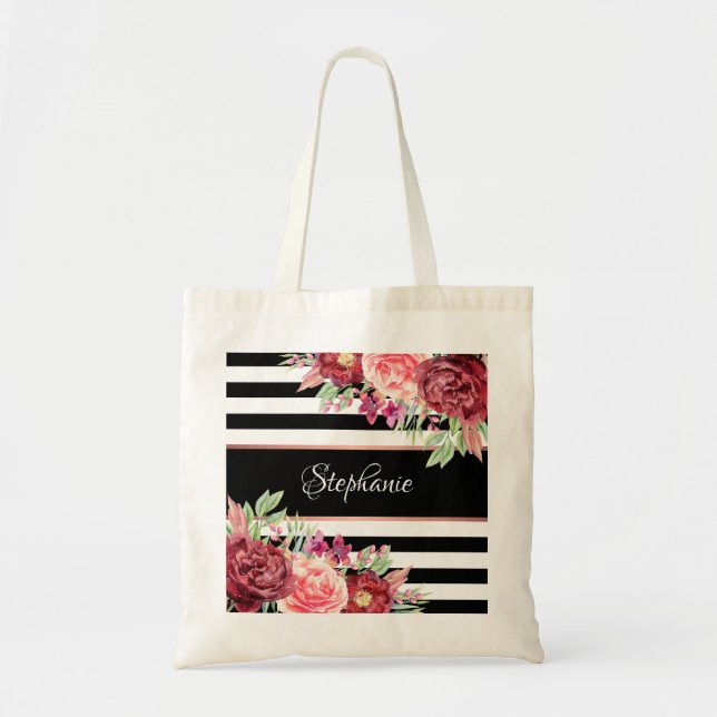 Black White Stripe Modern Floral Personalized Tote Bag (Front)