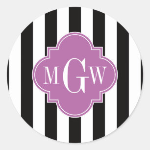 Black White Stripe Orchid Quatrefoil 3 Monogram Classic Round Sticker