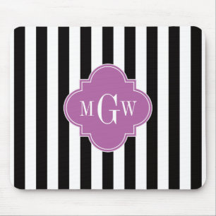 Black White Stripe Orchid Quatrefoil 3 Monogram Mouse Pad