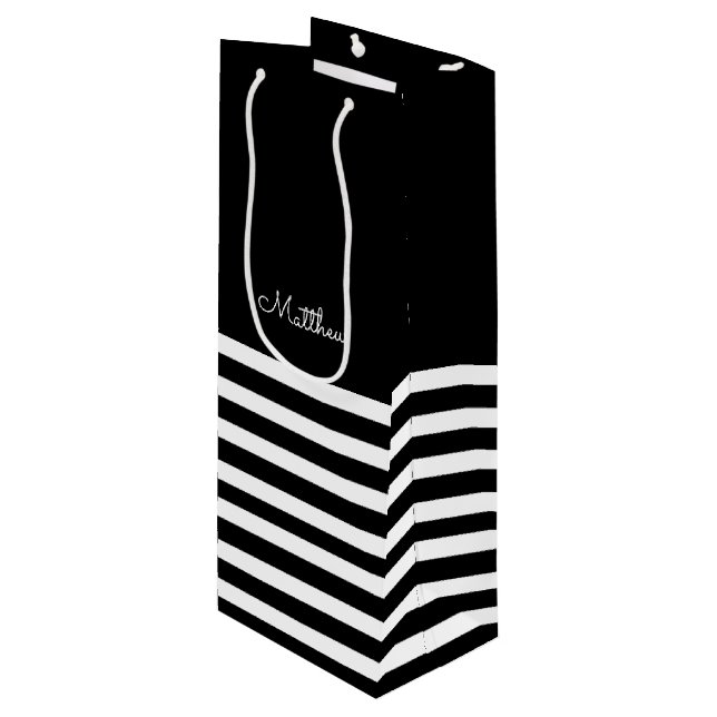 Black | White Stripe Pattern Wedding Favor  Wine Gift Bag (Front Angled)