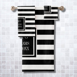 Black White Stripe Personalized Monogram Bath Towel Set