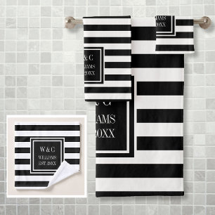 Black White Stripe Personalized Monogram Bath Towel Set