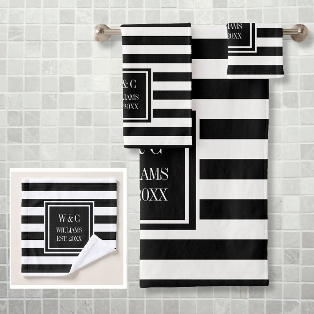 Black White Stripe Personalized Monogram Bath Towel Set (Black White Stripe Personalized Monogram Bath Towel Set)