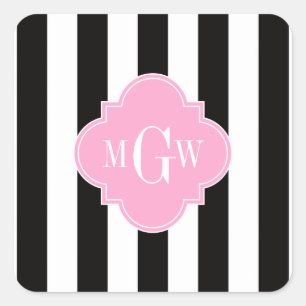 Black White Stripe Pink Quatrefoil 3 Monogram Square Sticker