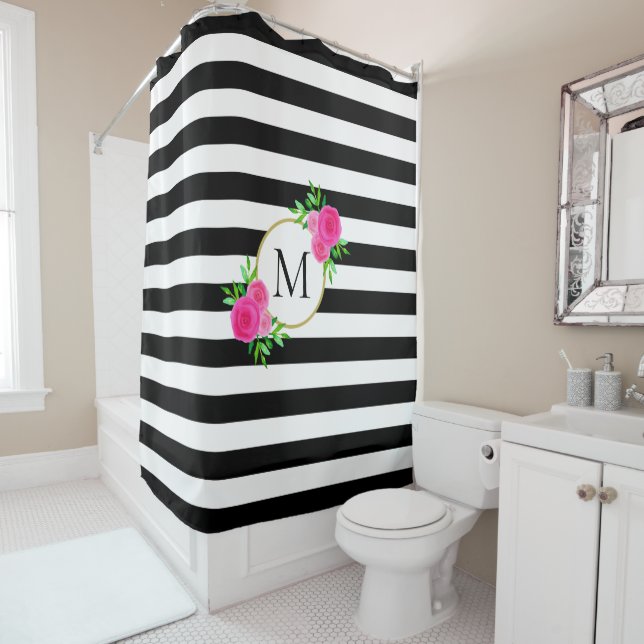 Black White Stripe Pink Watercolor Floral Monogram (In Situ)