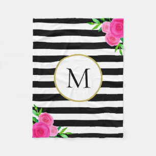 Black White Stripe Pink Watercolor Floral Monogram Fleece Blanket