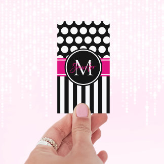 Black White Stripe Polka Dot Hot Pink Monogram Business Card