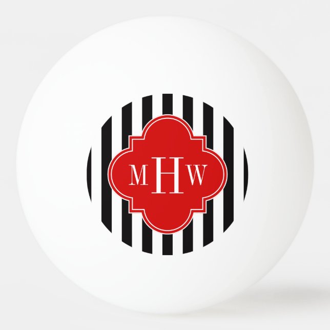 Black White Stripe Red Quatrefoil 3 Monogram Ping Pong Ball (Front)