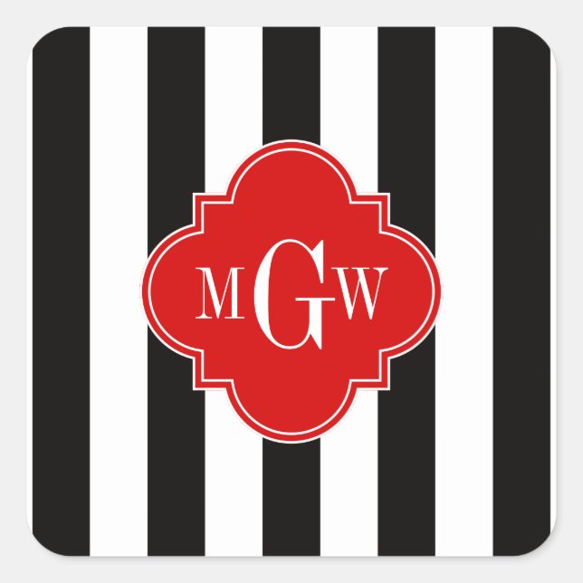 Black White Stripe Red Quatrefoil 3 Monogram Square Sticker (Front)