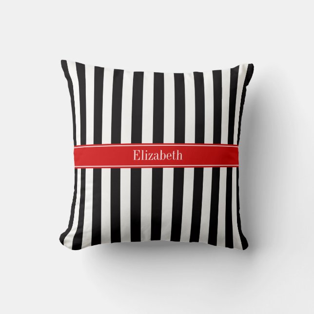 Black White Stripe Red Ribbon Name Monogram Throw Pillow (Front)