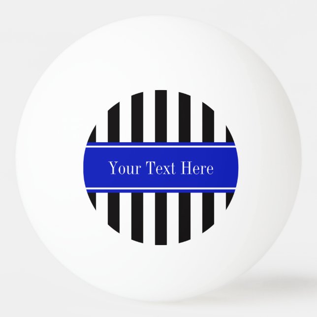 Black White Stripe Royal Blue Ribbon Name Monogram Ping Pong Ball (Front)