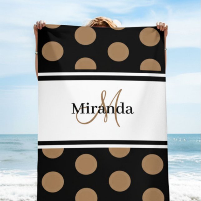 Black White Stripe Script Monogram Brown Polka Dot Beach Towel (Creator Uploaded)