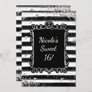 Black & White Stripe Silver Flake Party Invitation