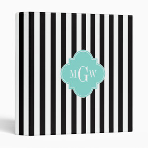 Black White Stripe Turquoise Quatrefoil 3 Monogram Binder