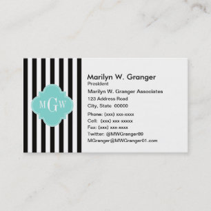 Black White Stripe Turquoise Quatrefoil 3 Monogram Business Card