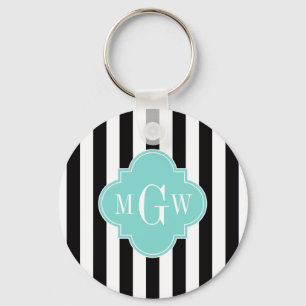 Black White Stripe Turquoise Quatrefoil 3 Monogram Keychain