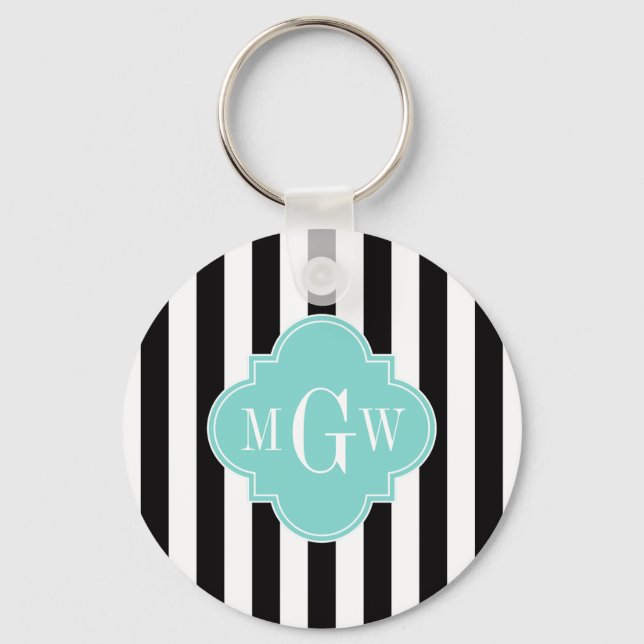 Black White Stripe Turquoise Quatrefoil 3 Monogram Keychain (Front)