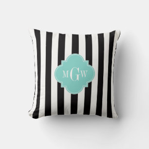 Black White Stripe Turquoise Quatrefoil 3 Monogram Throw Pillow