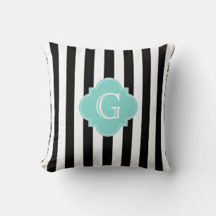 Black White Stripe Turquoise Quatrefoil Monogram Throw Pillow