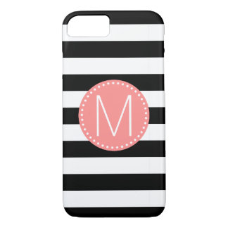 Black & White Stripe with Coral Monogram iPhone 8/7 Case