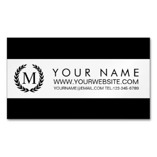 Black & White Stripe with Laurel Wreath Monogram Magnetic Business Card