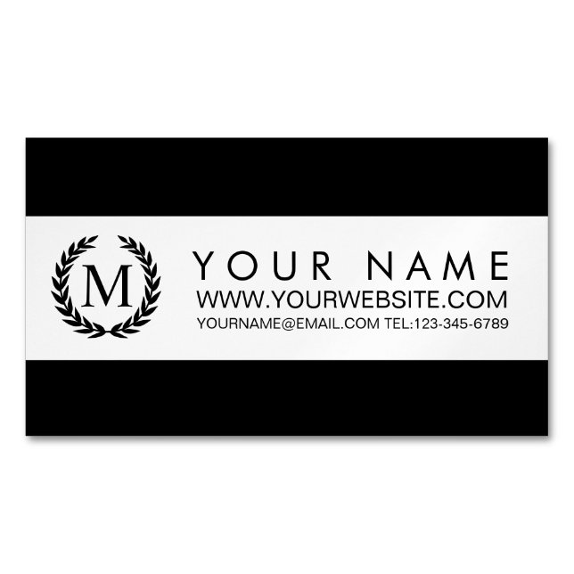 Black & White Stripe with Laurel Wreath Monogram Magnetic Business Card (Front)