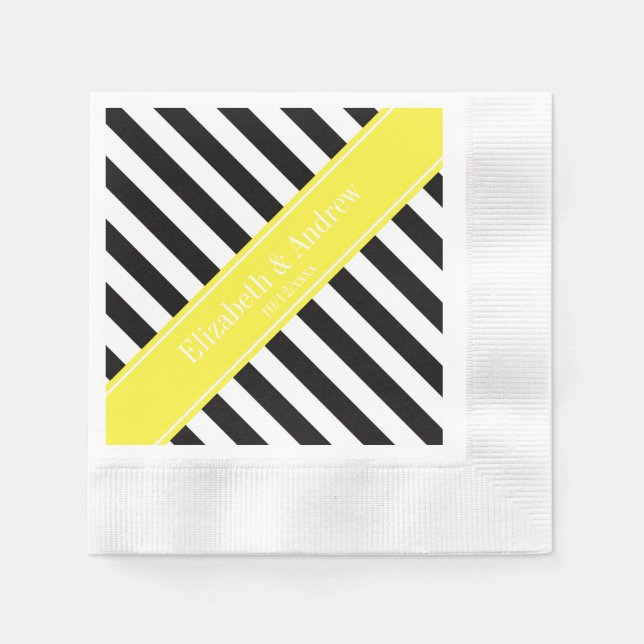 Black White Stripe Yellow Name Monogram Napkin (Front)
