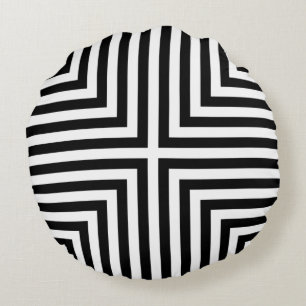 Black & White Striped Angular Box Repeat Pattern Round Pillow