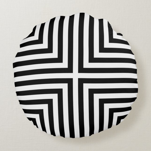 Black & White Striped Angular Box Repeat Pattern Round Pillow (Back)