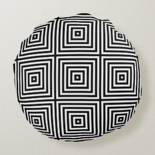 Black & White Striped Box Repeat Pattern Round Pillow