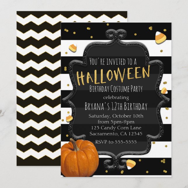Black & White Striped Candy Corn Halloween Party Invitation (Front/Back)