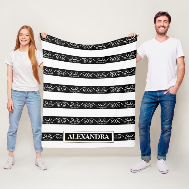 Black White striped design Monogram Fleece Blanket (In Situ)